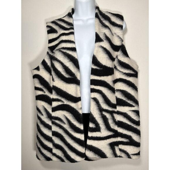 CHICOS Zebra Animal Faux Fur Wool Blend Vest Black White Size 2 US 12 Large - Picture 1 of 8